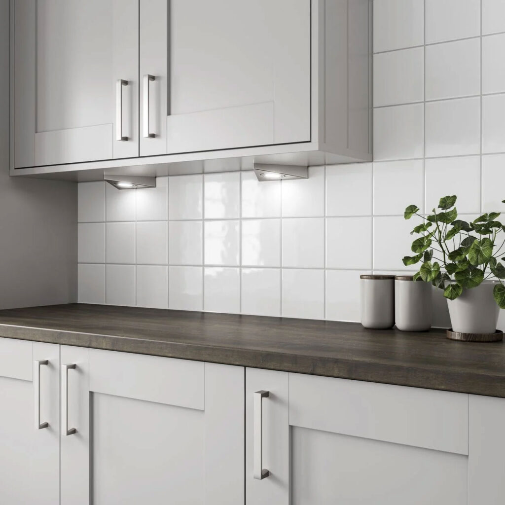 White chequered kitchen tiles behind a worktop