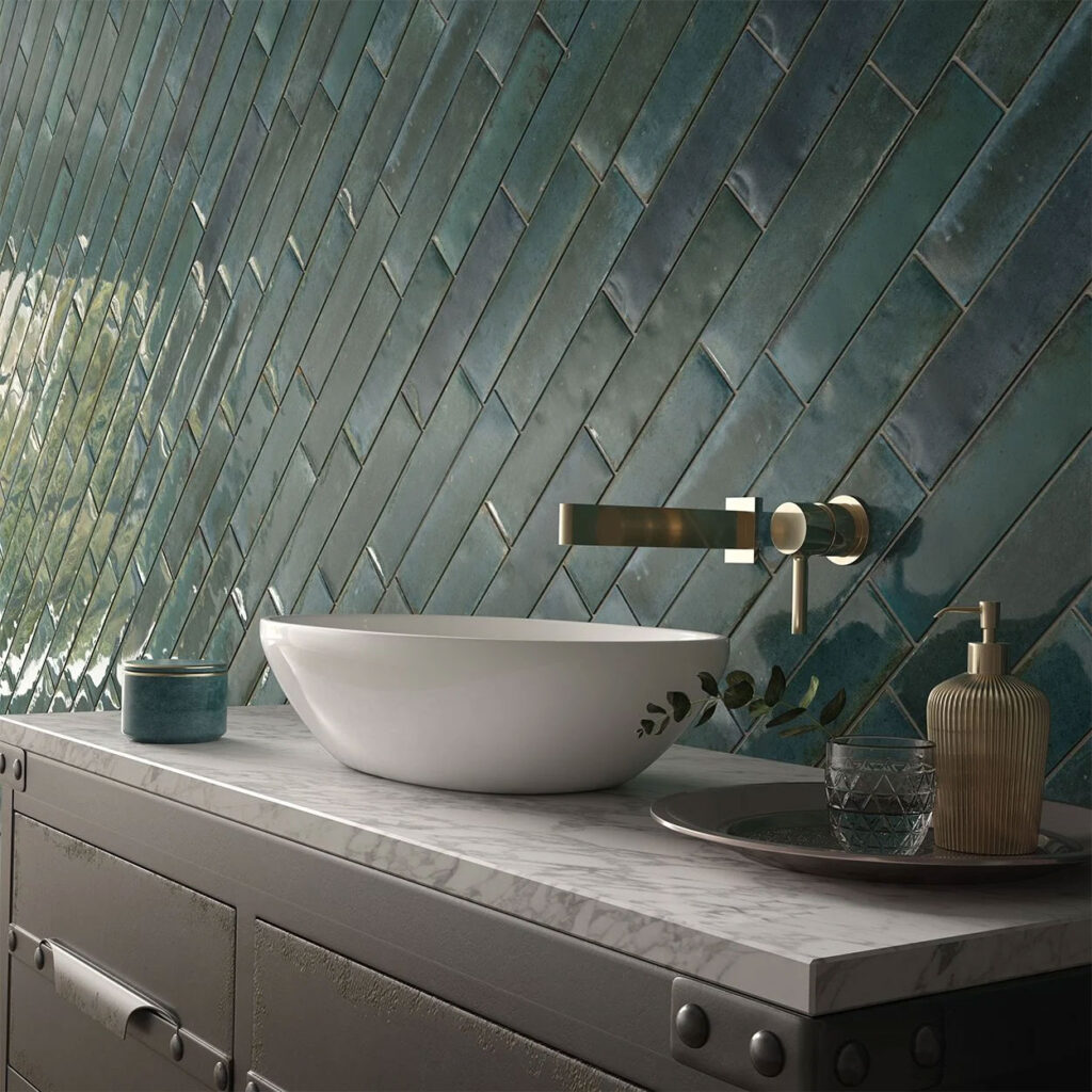 Chic turquoise gloss tiles in a diagonal pattern