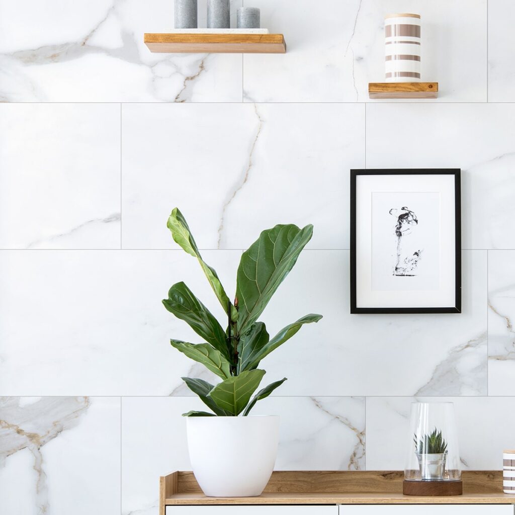 White dumawall panels that give off a marbled tile effect