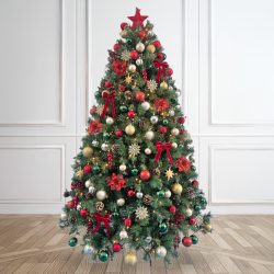 7ft Christmas Tree Decorated Pre Lit Red & Gold